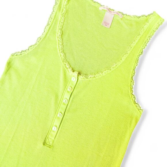 Victoria's Secret Y2K Lace Trim Button‎ Long Ribbed Cami Tank Top Neon Yellow S - Picture 3 of 6